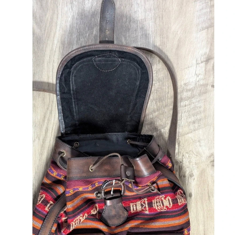 Handcrafted Tooled Leather‎ Bohemian Backpack Aztec Burgundy Brown